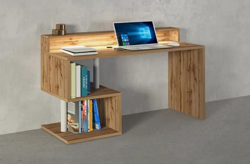 Scrivania moderna ESSE 140 in legno con sopralzo e vani portaoggetti. Design elegante e funzionale per l'ufficio domestico.