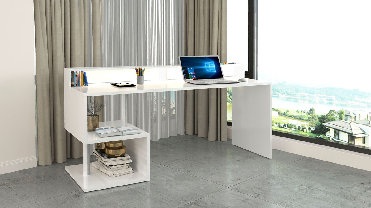 Scrivania con Sopralzo Esse 180 bianca con design elegante, piano ampio e ripiani laterali per accessori. Ideale per uffici contemporanei.