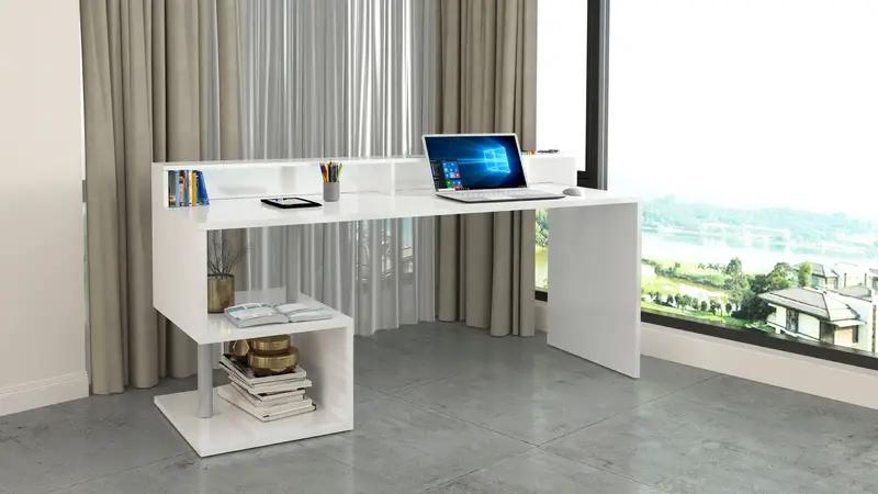 Scrivania con Sopralzo Esse 180 in bianco lucido con ripiani laterali, piano spazioso e scomparti per organizzazione. Ideale per ambienti moderni.