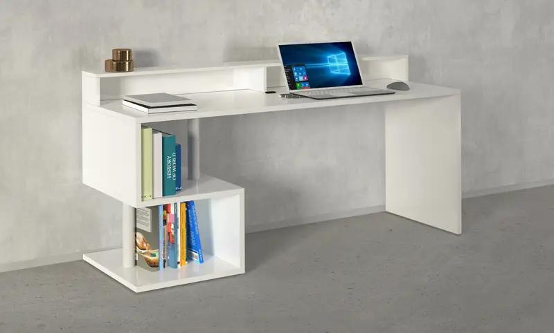 Scrivania con Sopralzo Esse 180 bianca con ripiani laterali per libri e accessori, design minimalista e funzionale per uffici e studi.