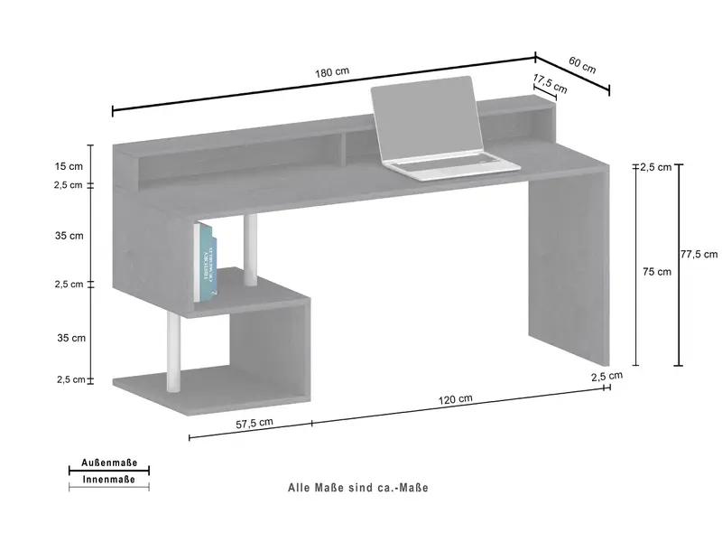 Schema tecnico della Scrivania con Sopralzo Esse 180 in grigio scuro con misure dettagliate e ripiani laterali per organizzazione.