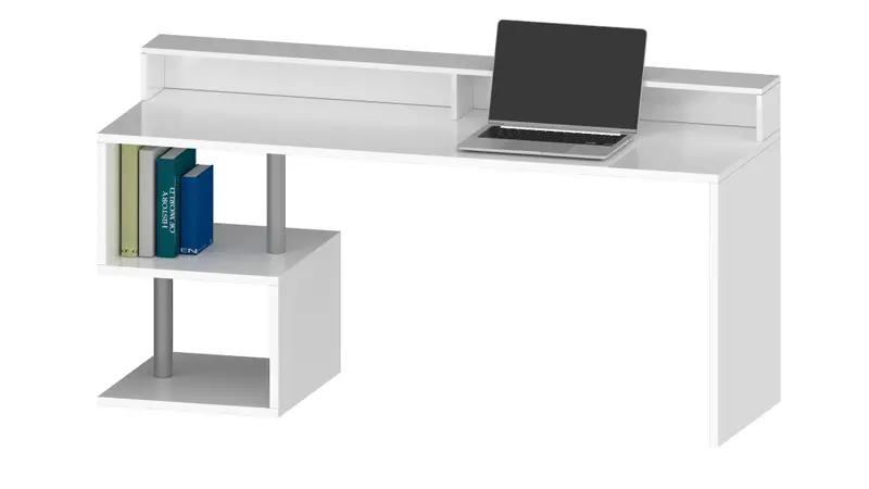 Scrivania con Sopralzo Esse 180 bianca con ripiani laterali e scomparti integrati, design moderno e funzionale per uffici.