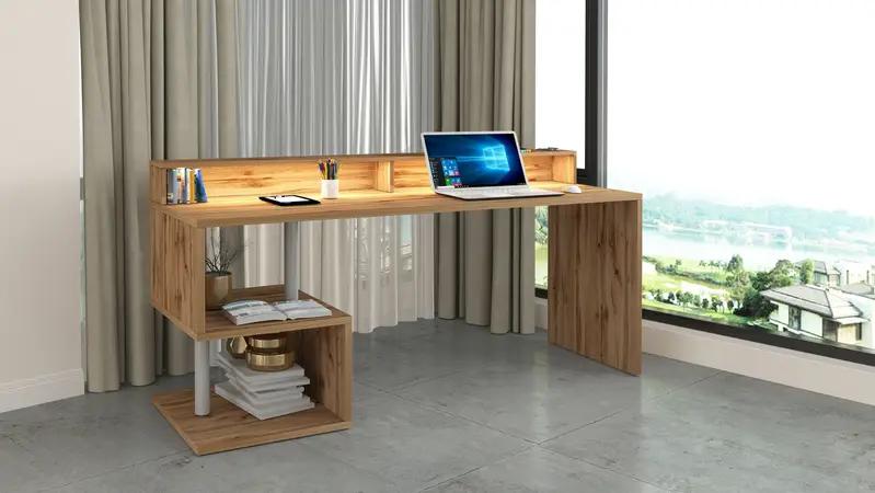 Scrivania con Sopralzo Esse 180 in legno naturale con ripiani laterali, design moderno e funzionale per uffici e studi.