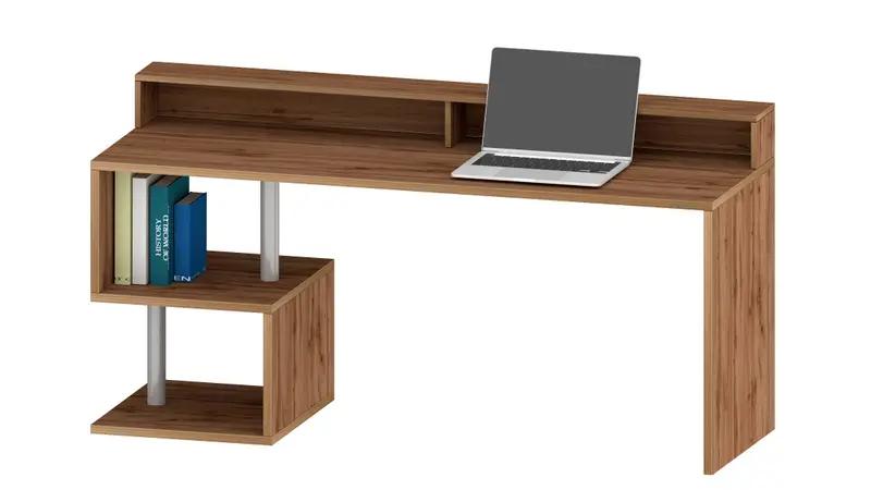 Scrivania con Sopralzo Esse 180 in legno naturale con piano ampio e ripiani laterali, perfetta per ambienti moderni e accoglienti.