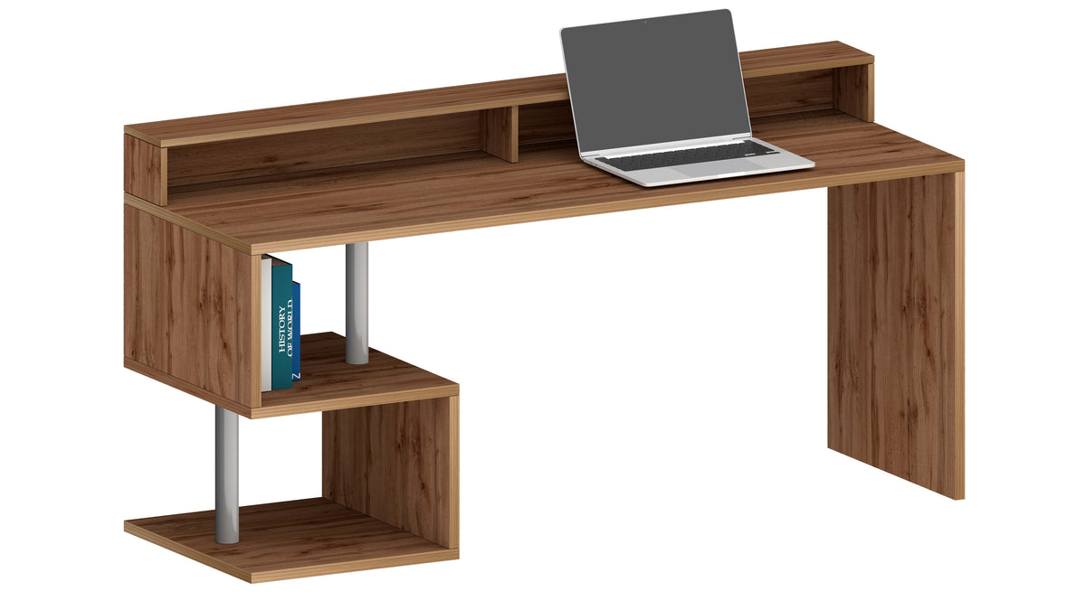Scrivania con Sopralzo Esse 180 in legno naturale con ripiani laterali e scomparti integrati, design elegante e funzionale.