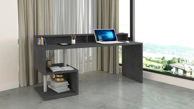 Scrivania con Sopralzo Esse 180 in grigio scuro con design contemporaneo, piano ampio e ripiani laterali per accessori.
