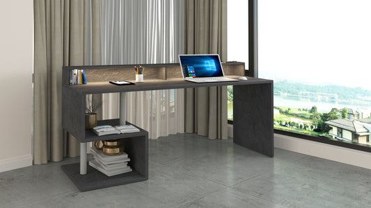 Scrivania con Sopralzo Esse 180 in grigio scuro con design moderno, piano ampio, due scomparti portaoggetti e ripiani laterali. Perfetta per uffici eleganti.