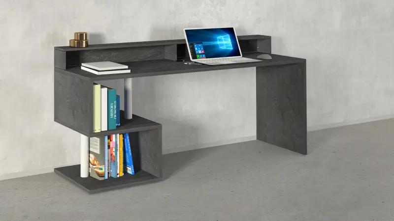 Scrivania con Sopralzo Esse 180 in grigio scuro con ripiani laterali e scomparti integrati, perfetta per uffici moderni.