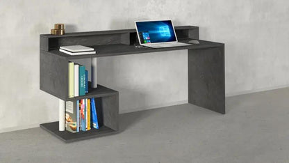 Scrivania con Sopralzo Esse 180 in grigio scuro con ripiani laterali e scomparti integrati, perfetta per uffici moderni.