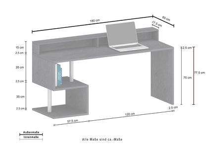 Schema tecnico della Scrivania con Sopralzo Esse 180 in grigio scuro con misure dettagliate e ripiani laterali per organizzazione.