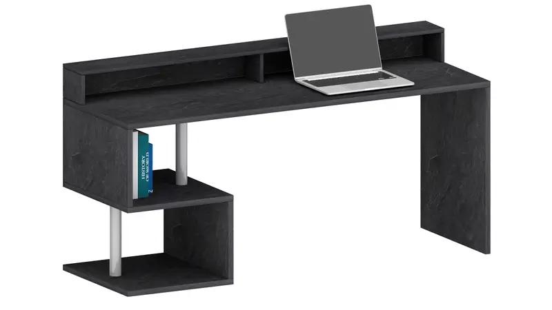 Scrivania con Sopralzo Esse 180 in grigio scuro con ripiani laterali e scomparti integrati, ideale per spazi di lavoro moderni.