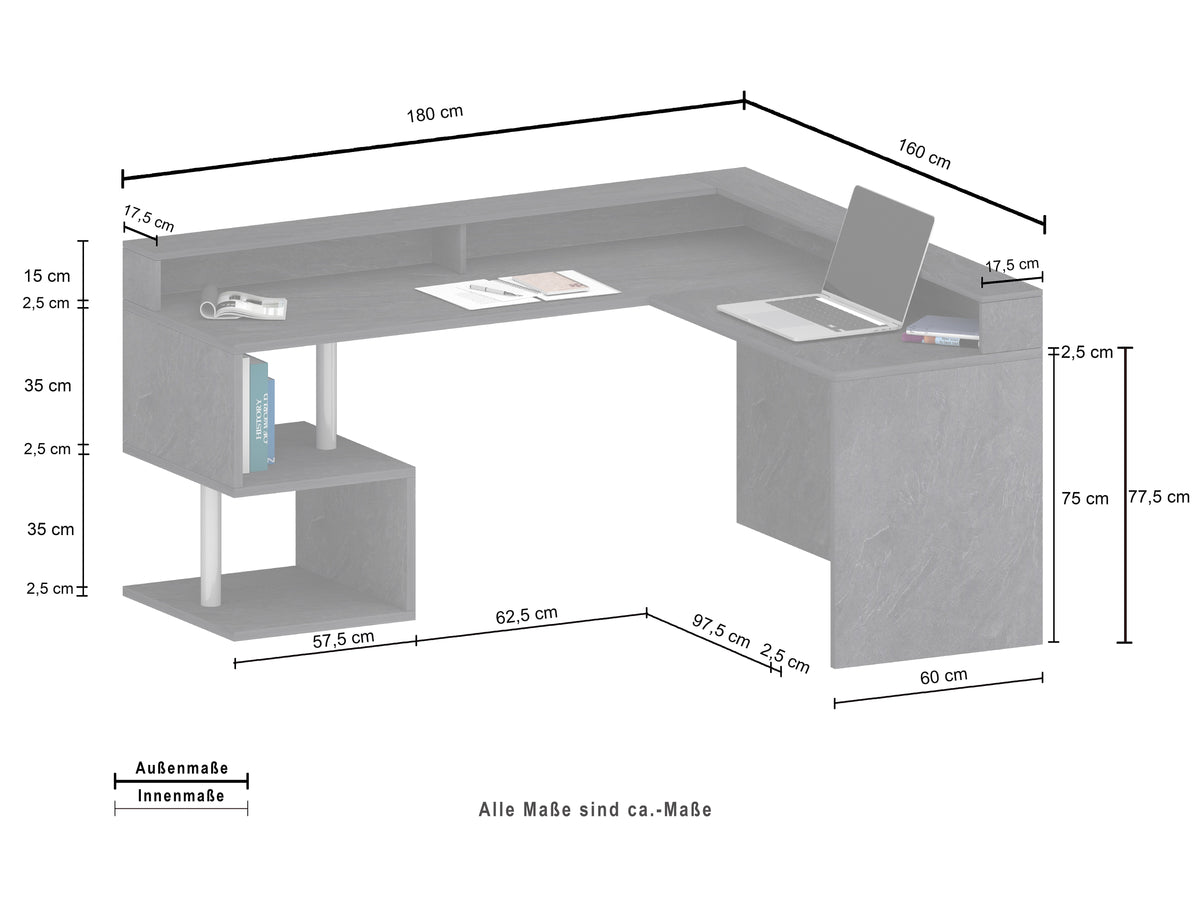Scrivania a "S" angolare con piano rialzato Dimensioni: 160/180X60X92,5