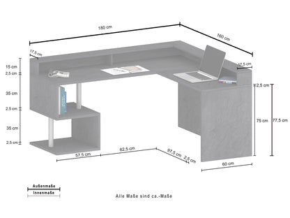 Scrivania a "S" angolare con piano rialzato Dimensioni: 160/180X60X92,5