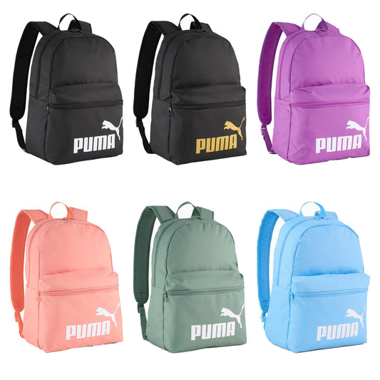 Zaino Puma nero con logo bianco, spallacci imbottiti e scomparto frontale con zip, ideale per scuola o sport