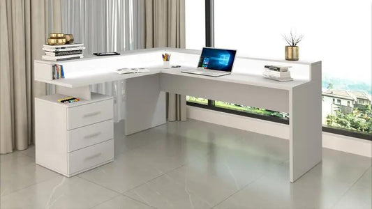 Scrivania angolare New Selina bianca con sopralzo e cassettiera, design moderno e funzionale, perfetta per ambienti lavorativi eleganti.