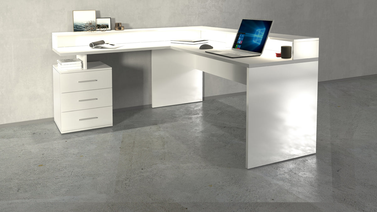 Scrivania New Selina ad angolo bianca lucida con sopralzo e cassetti, stile moderno per arredamento ufficio Made in Italy.