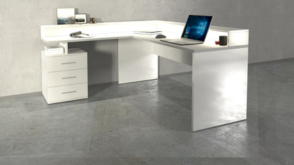 Scrivania New Selina ad angolo bianca lucida con sopralzo e cassetti, stile moderno per arredamento ufficio Made in Italy.