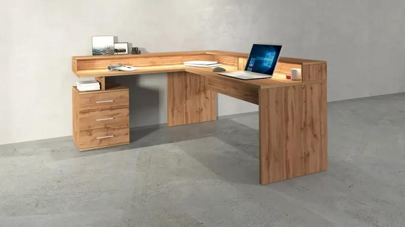 Scrivania angolare New Selina effetto legno con sopralzo e 3 cassetti, perfetta per ambienti caldi e accoglienti.