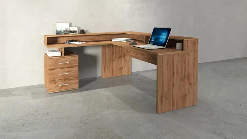 Scrivania New Selina in legno naturale con sopralzo e cassettiera, design moderno Made in Italy per casa e ufficio.