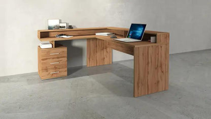 Scrivania New Selina in legno naturale con sopralzo e cassettiera, design moderno Made in Italy per casa e ufficio.