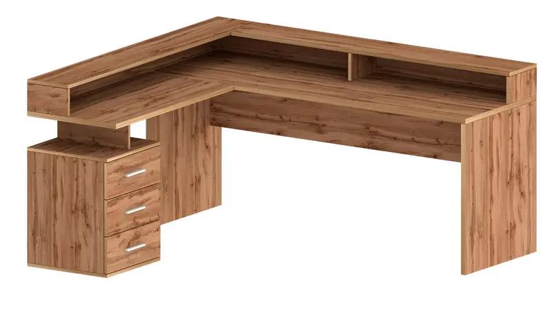 Scrivania angolare New Selina in legno con sopralzo e 3 cassetti, perfetta per arredare spazi di lavoro moderni.
