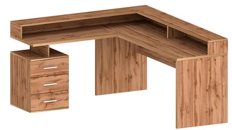 Vista 3D della scrivania New Selina in legno chiaro con sopralzo e cassettiera, design angolare moderno.