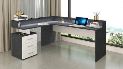 Scrivania ad angolo moderna New Selina con sopralzo e 3 cassetti, finitura grigio antracite e bianco, ideale per ufficio o studio domestico.