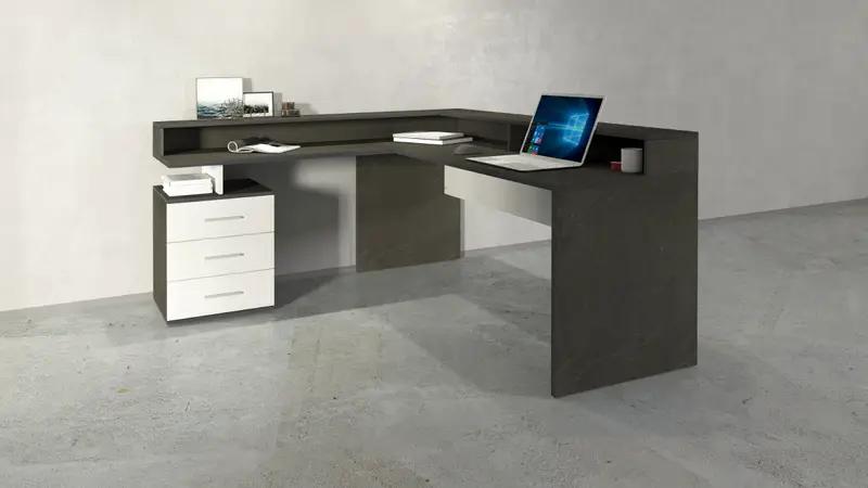 Scrivania angolare New Selina in grigio scuro con sopralzo e cassettiera bianca, stile contemporaneo Made in Italy.
