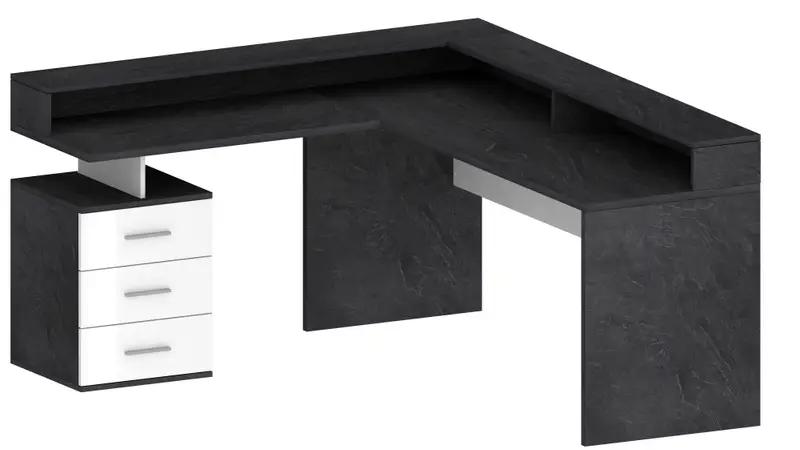 Scrivania New Selina angolare con finitura nera e cassetti bianchi, design elegante e funzionale per ufficio.