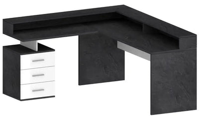 Scrivania New Selina angolare con finitura nera e cassetti bianchi, design elegante e funzionale per ufficio.