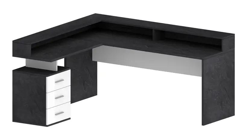 Scrivania moderna New Selina nera con sopralzo e cassettiera, ideale per ambienti professionali e domestici.