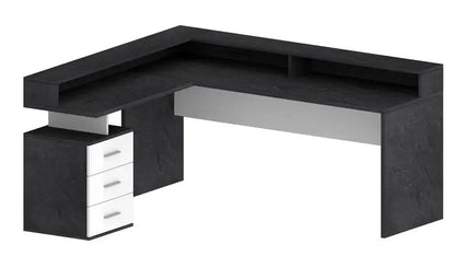 Scrivania moderna New Selina nera con sopralzo e cassettiera, ideale per ambienti professionali e domestici.