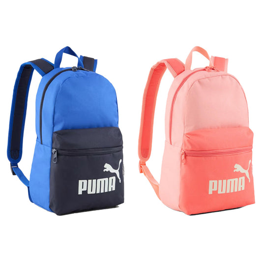 Zaino Puma Mini Phase in tessuto blu con tasca frontale nera e logo Puma bianco, spallacci regolabili e pannello imbottito per uso quotidiano