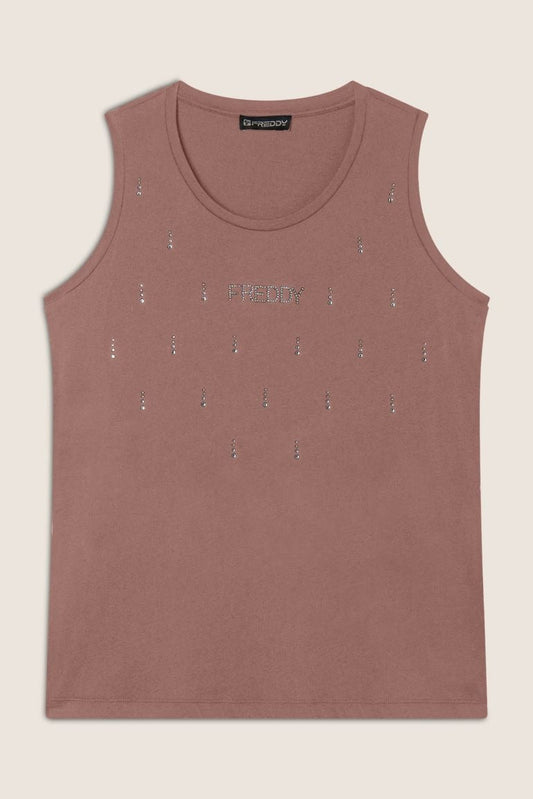 Canotta donna in jersey modal rosa con decorazioni di strass, scollo rotondo, design elegante e comfort, logo Freddy sul davanti - SKU: 8034170193301