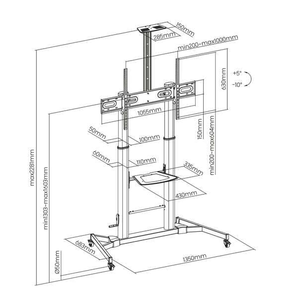 Aisens Supporto da Pavimento per TV/Monitor da 60" a 100" - Max 100kg - Altezza Regolabile - Movimento Orizzontale e Verticale