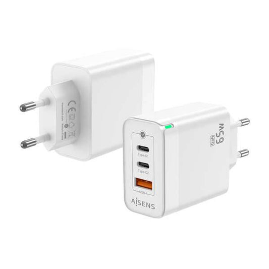 Aisens Caricatore GAN 65W - 2xUSB-C PD3.0 QC4.0 - 1xUSB-A QC3.0 - Colore Bianco