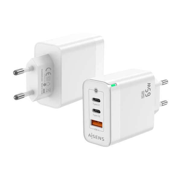 Aisens Caricatore GAN 65W - 2xUSB-C PD3.0 QC4.0 - 1xUSB-A QC3.0 - Colore Bianco