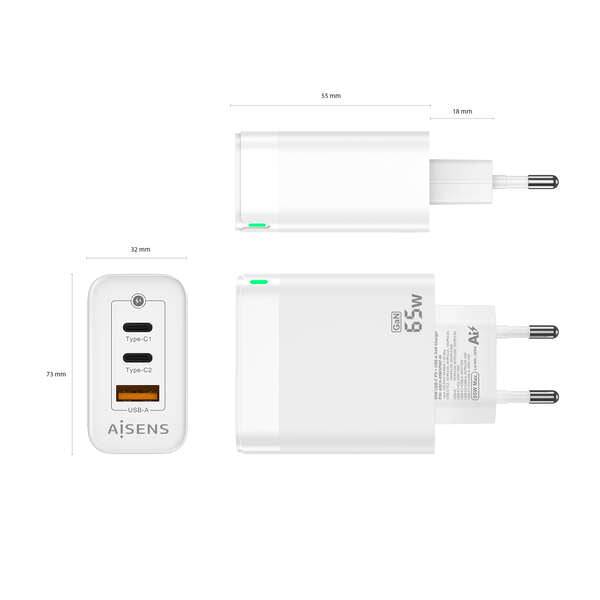 Aisens Caricatore GAN 65W - 2xUSB-C PD3.0 QC4.0 - 1xUSB-A QC3.0 - Colore Bianco