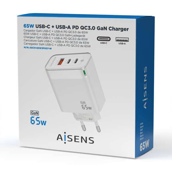 Aisens Caricatore GAN 65W - 2xUSB-C PD3.0 QC4.0 - 1xUSB-A QC3.0 - Colore Bianco