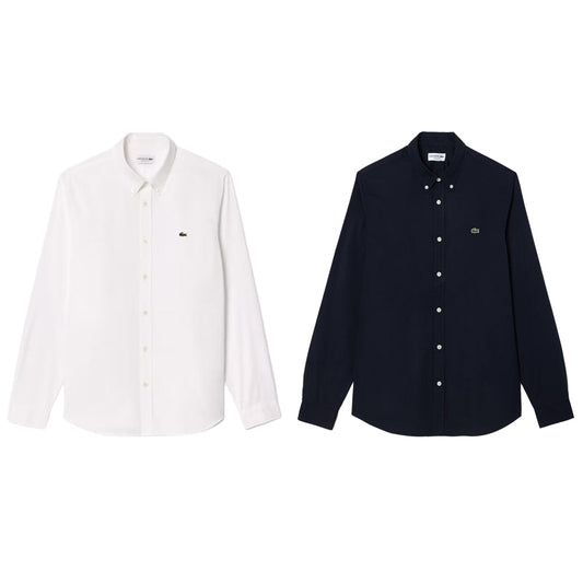 Camicia Lacoste in cotone bianco con colletto classico, chiusura frontale con bottoni e logo ricamato sul petto, tessuto leggero e elegante