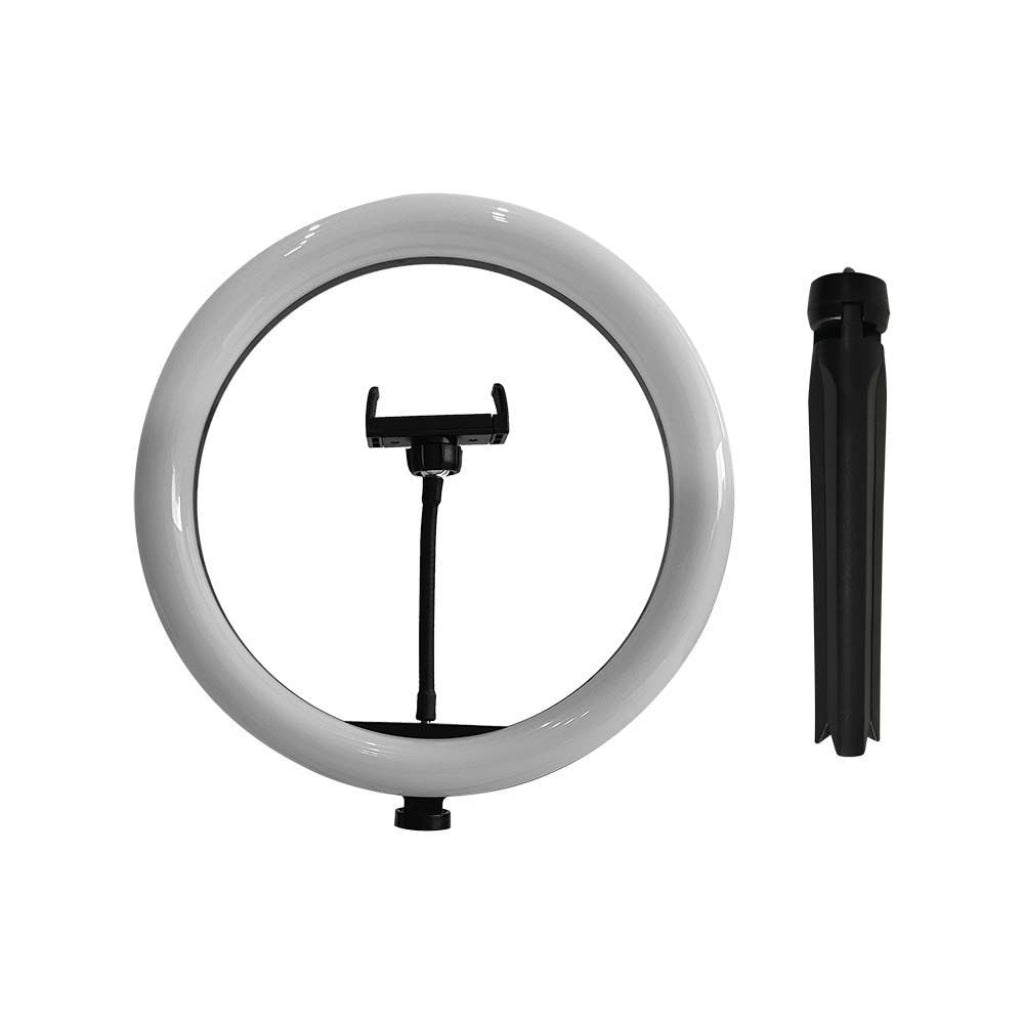 Lampada ad anello LED V-Tac da 26cm con supporto smartphone e treppiede separato, perfetta per setup fotografici da tavolo.