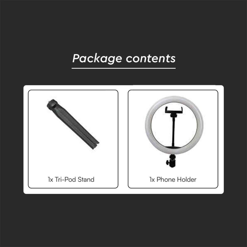 Contenuto confezione V-Tac Ring Light LED 7W: 1 treppiede e 1 supporto per smartphone, accessori inclusi per uso immediato.