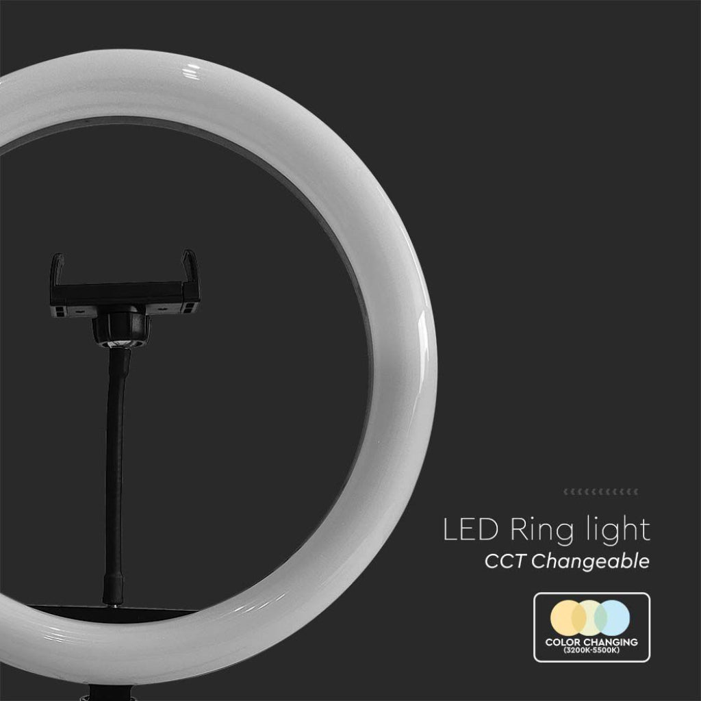 Lampada LED ad anello V-Tac con temperatura colore regolabile, ideale per makeup, vlog e fotografia indoor professionale.