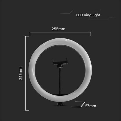 Dimensioni della V-Tac Ring Light LED 7W: 265mm x 255mm, struttura compatta per uso su scrivania o set fotografico.