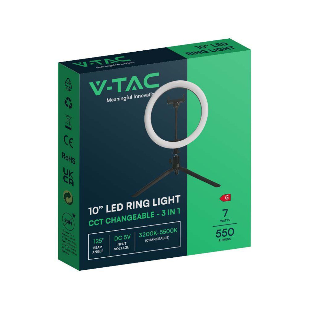 Confezione V-Tac Ring Light LED 7W 26cm con treppiede e supporto smartphone, specifiche tecniche e design accattivante.