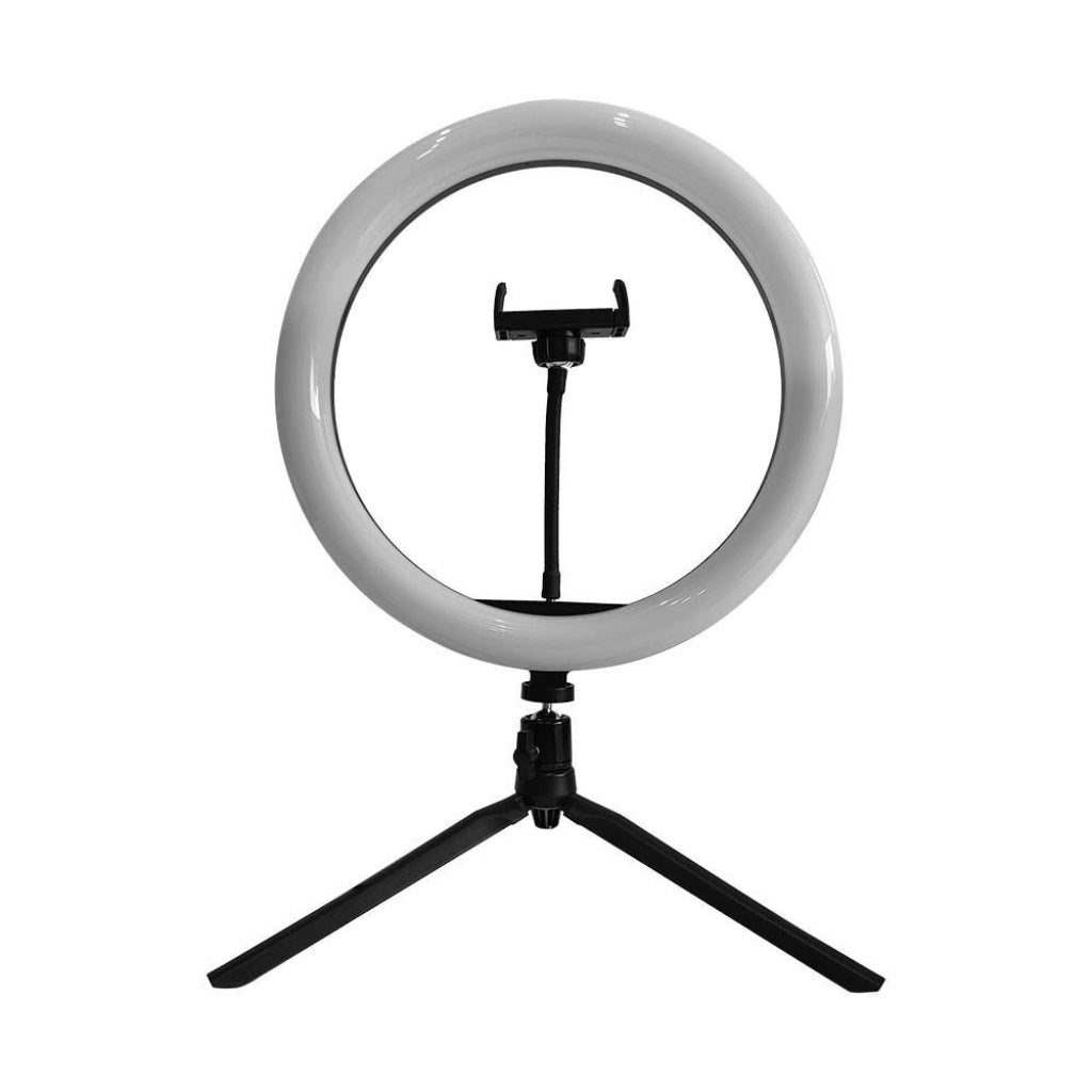 V-Tac Ring Light LED 7W 26cm con treppiede pieghevole e supporto smartphone, ideale per fotografia e video professionali.