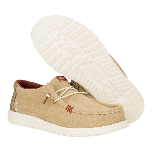 Scarpe sportive uomo Hey Dude Wally Workwear in tessuto beige con lacci elastici, suola in gomma bianca, interno rosso, SKU: 0198410105979