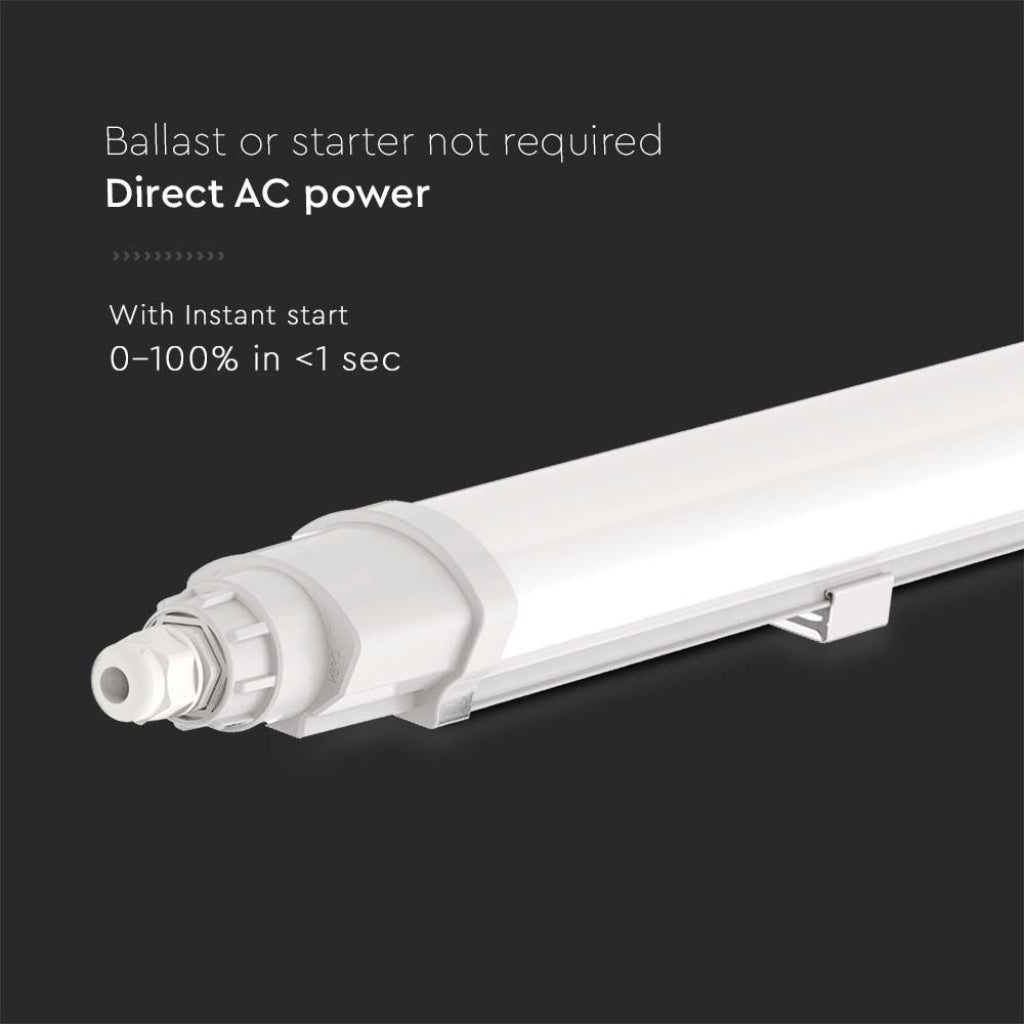 Plafoniera LED V-Tac 18W con alimentazione diretta AC, avvio istantaneo senza starter o ballast, efficienza immediata.