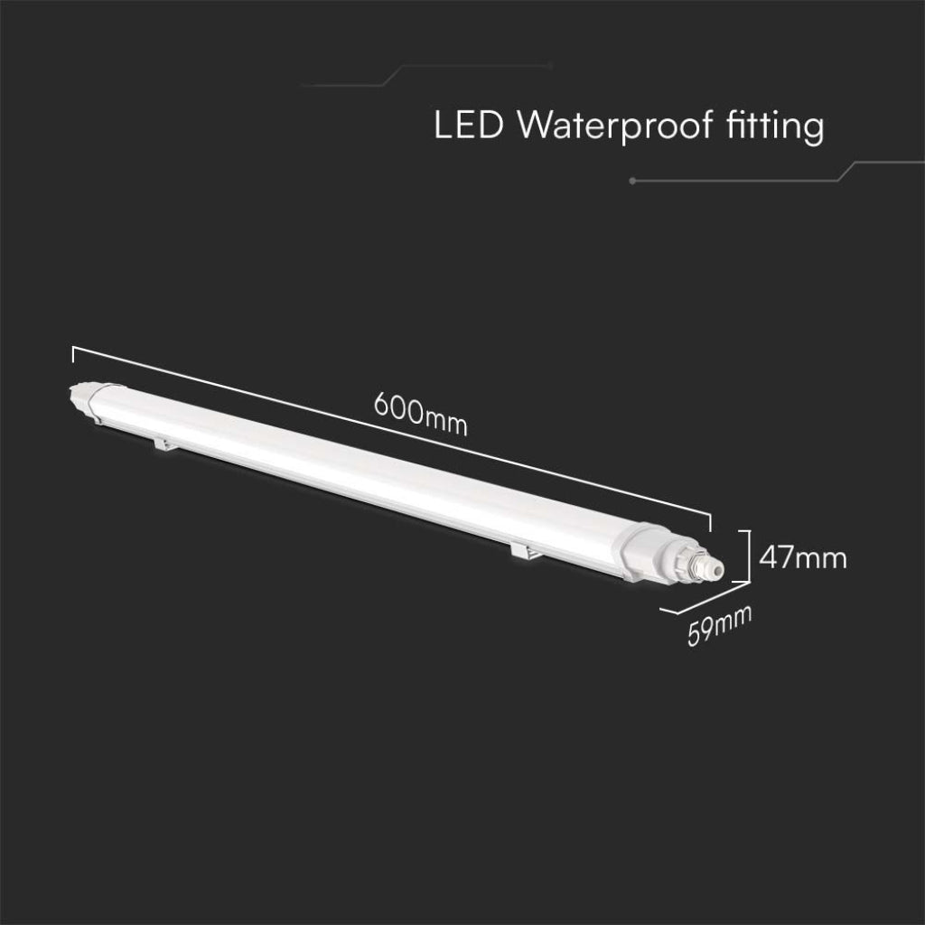 Plafoniera LED V-Tac 60cm IP65 con dimensioni 600x59x47mm, struttura impermeabile adatta a installazioni in ambienti umidi.