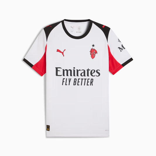 Maglia da calcio Puma away bianca con dettagli neri e rossi, logo Puma e stemma del Milan, tessuto riciclato, tecnologia dryCELL, SKU: 4069157354547